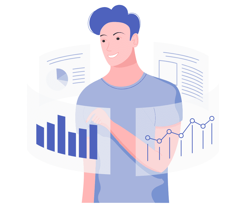 A Full Guide to AI Multifamily Lead Nurturing | PERQ AI Leasing Assistant illustration of man scrolling through charts floating around him